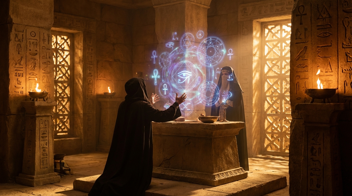 Traditional ritual ceremony with symbolic tools and sacred circle