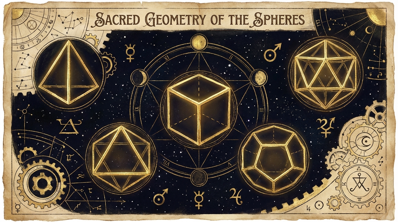 Five platonic solids illustrated as golden geometric forms representing classical elements